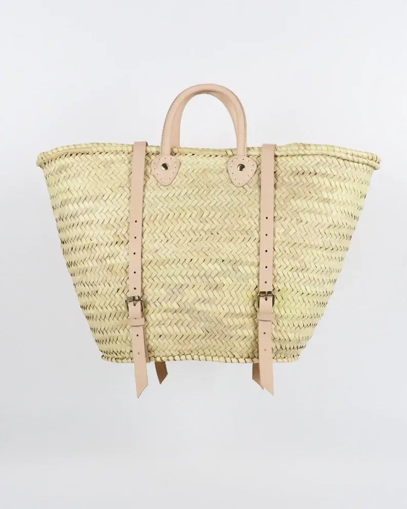STRAW BAG Handmade leather, French Market Basket Backpack: Natural