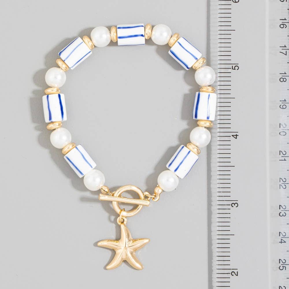 Pearl And Ceramic Beads Starfish Toggle Chain Bracelet