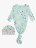 SoftSnooze™ Baby Girls Bamboo Viscose Mint Meadow Ruffle Knotted Sleep Gown & Bow Hat Set: Green / Newborn-3m