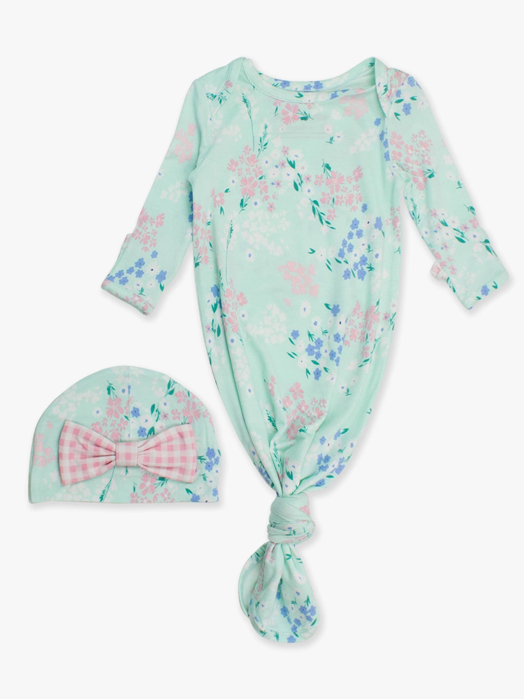 SoftSnooze™ Baby Girls Bamboo Viscose Mint Meadow Ruffle Knotted Sleep Gown & Bow Hat Set: Green / Newborn-3m
