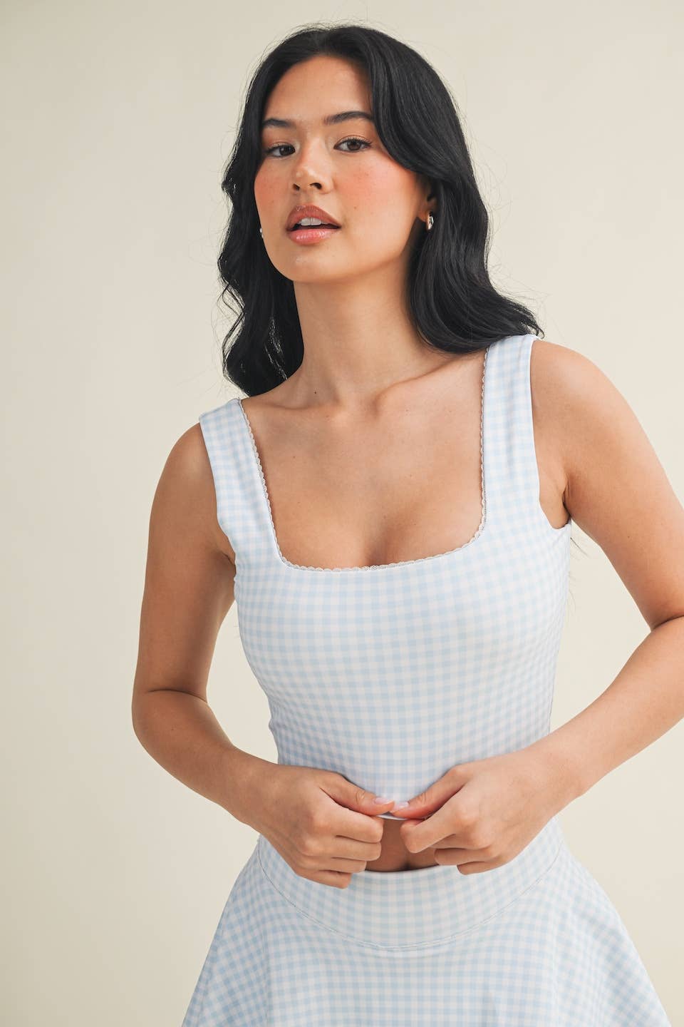 Gingham Print Crop Tank with Lace Trim: Blue Gingham / L