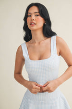 Gingham Print Crop Tank with Lace Trim: Blue Gingham / M