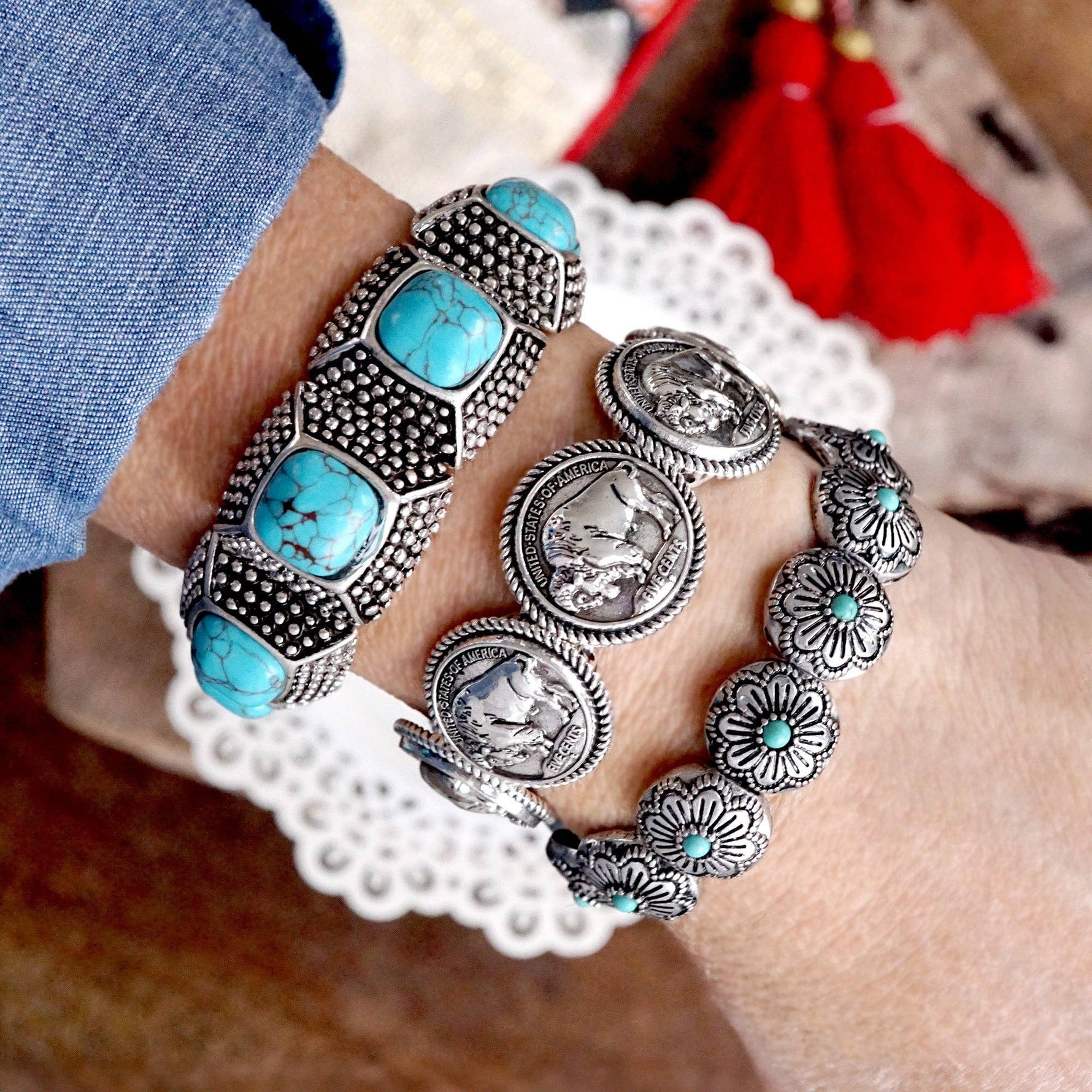 Western Stretchy Bangles – in Worn Silver Tone: Buffalo Coins