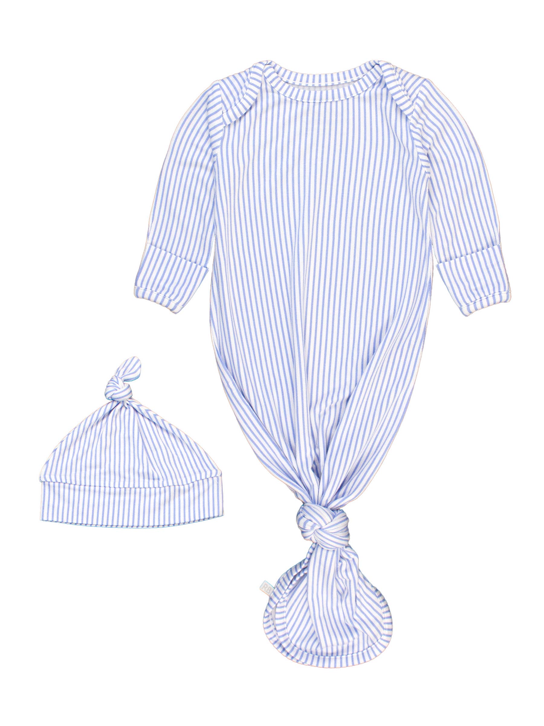 SoftSnooze™ Baby Boys Bamboo Viscose Periwinkle & White Micro Stripe Knotted Sleep Gown & Hat Set: Blue / Newborn-3m