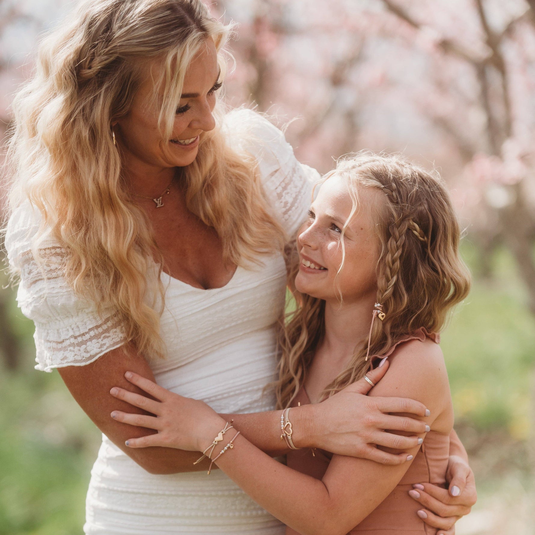 "Mother / Daughter" Pink with Pearls and Gold Hearts Shareable Hair Tie Bracelets