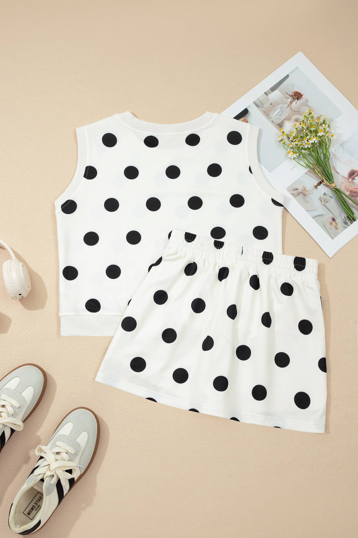Plus Polka Dot Print Tank Split Mini Skort 2pcs Set : White / M