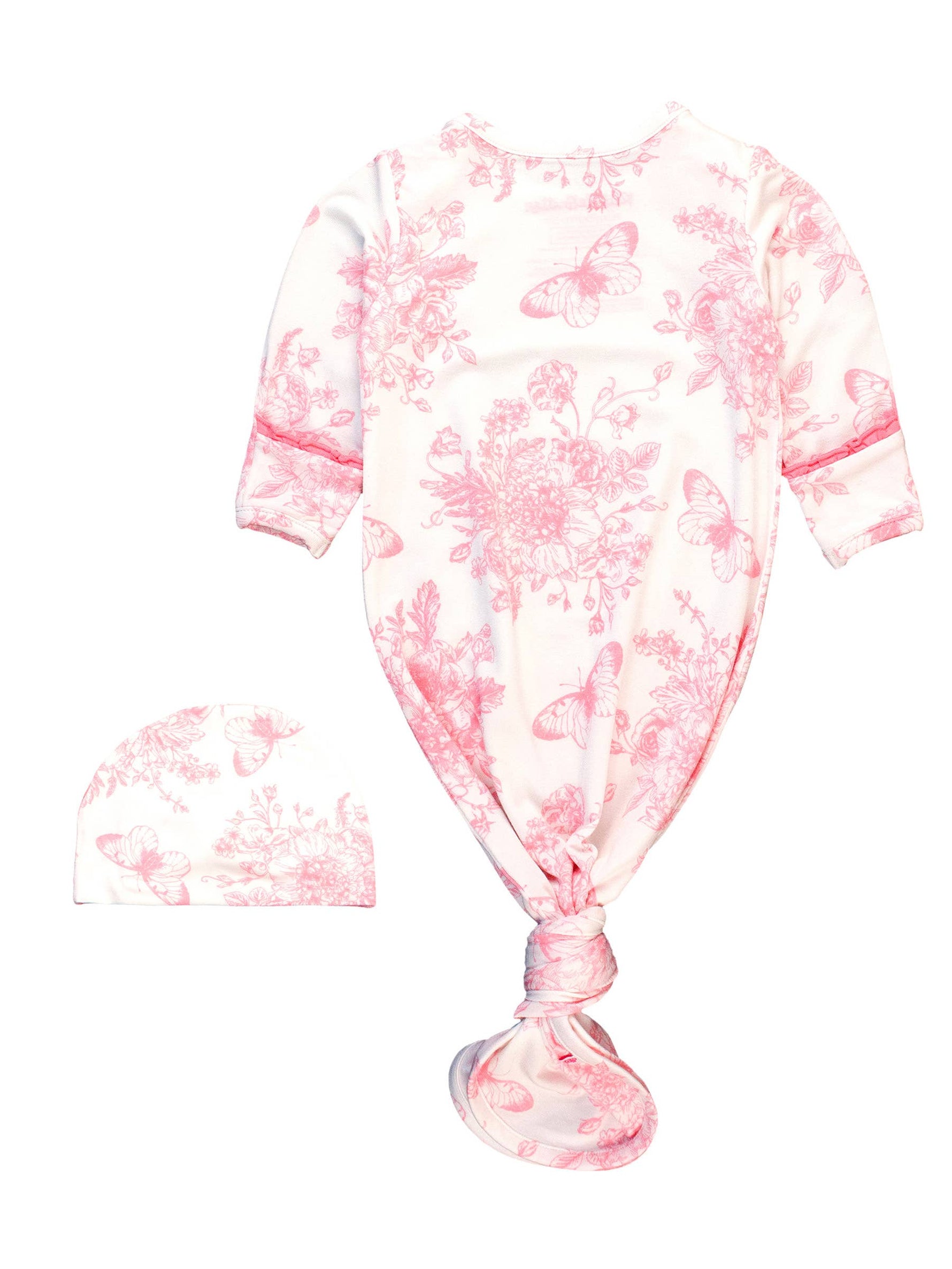 SoftSnooze™ Baby Girls Bamboo Viscose Pink Butterfly Garden Toile Ruffle Knotted Sleep Gown & Bow Hat Set: White / Newborn-3m