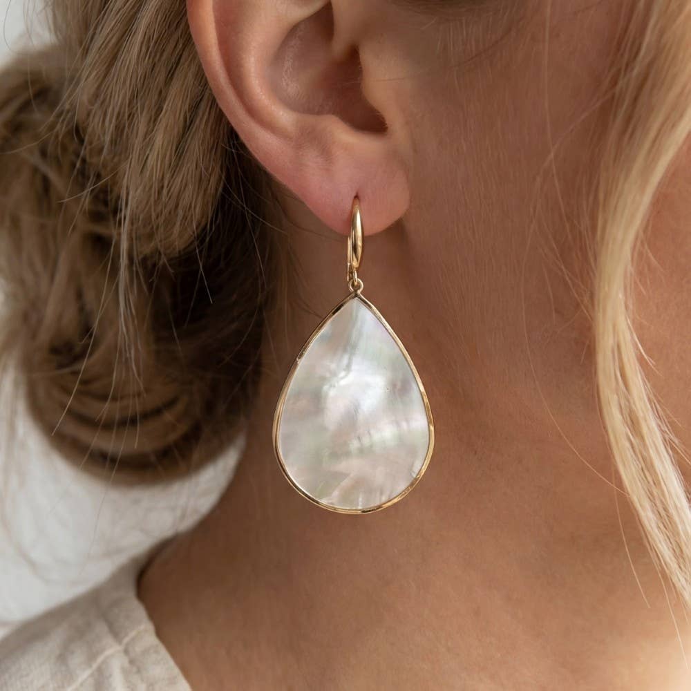 Gold Bezel Iridescent Shell Dangle Earrings