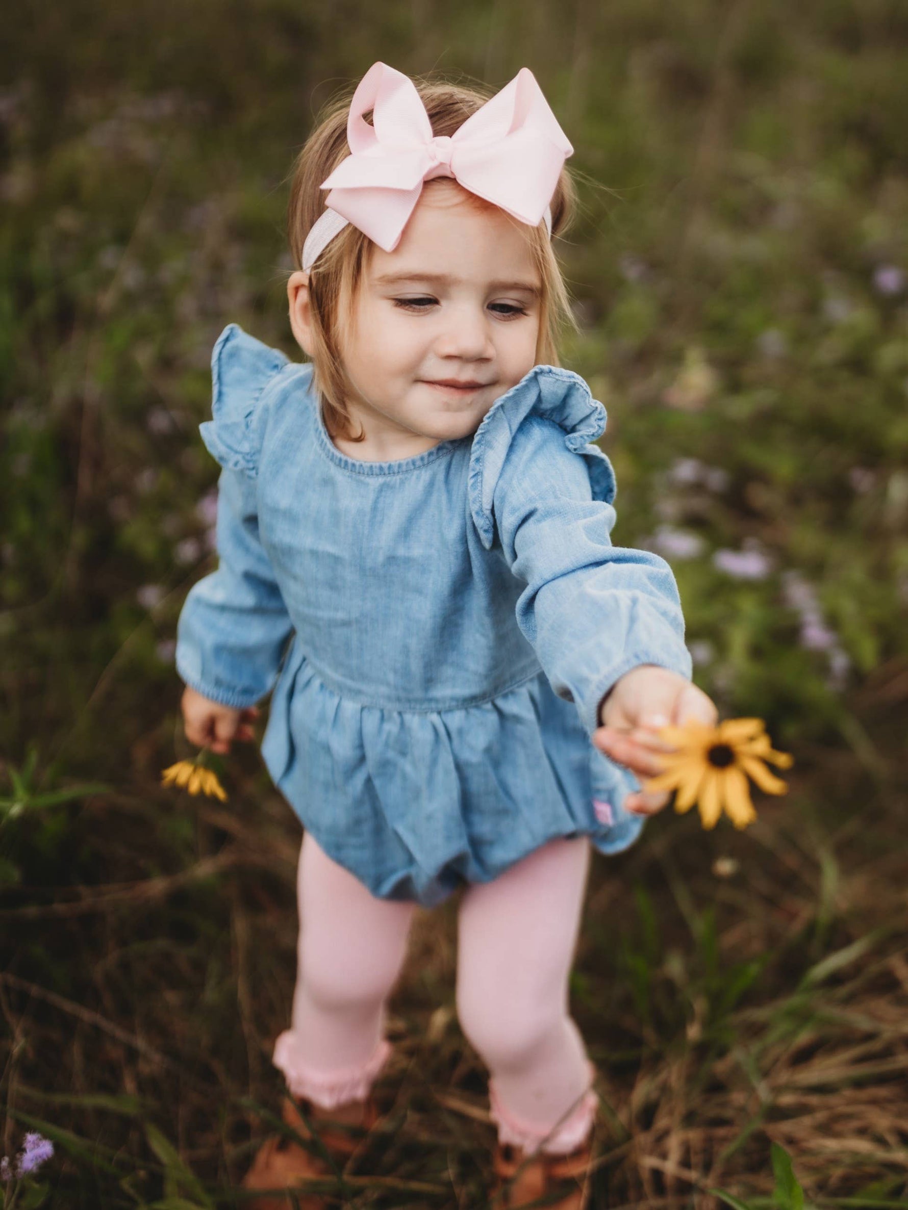 Baby Girls Light Wash Denim Long Sleeve Flutter Bubble Romper: Blue / 12-18m