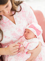 SoftSnooze™ Baby Girls Bamboo Viscose Pink Butterfly Garden Toile Ruffle Knotted Sleep Gown & Bow Hat Set: White / Newborn-3m