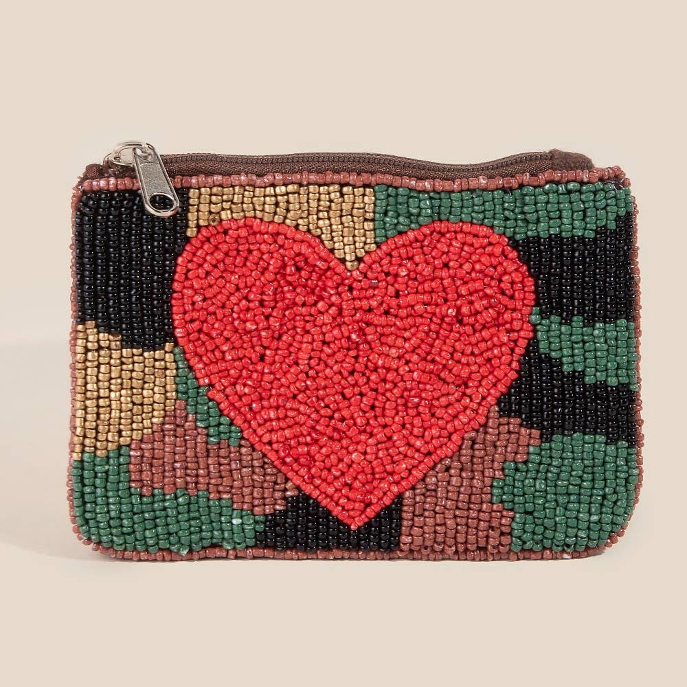 Seed Beaded Camo And Heart Coin Purse