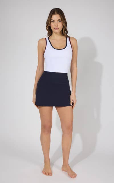 Women's Lux Contrast Racerback Bra Tank and Skort Set: TRUE NAVY/WHITE