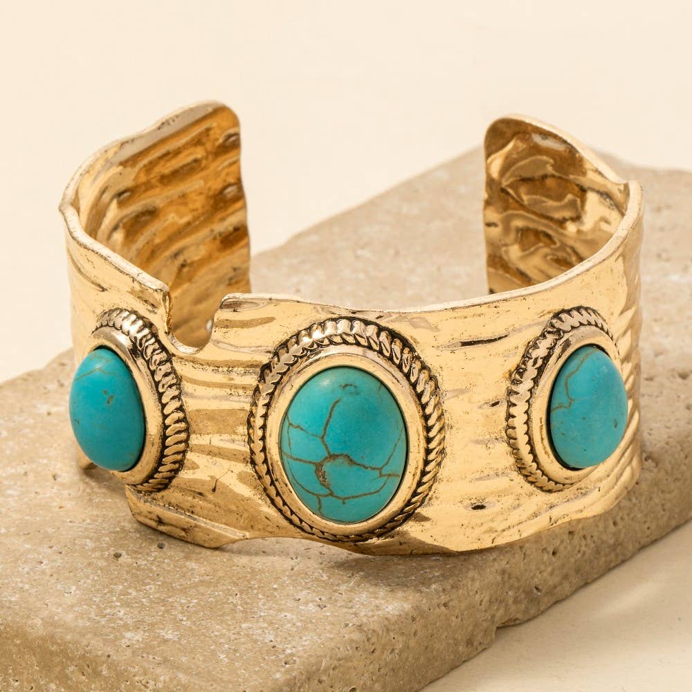 Metallic Textured Turquoise Stone Cuff Bracelet in Silver