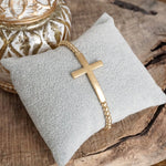 Minimal Cross Stretchy Bracelet in Worn Gold tone with Ball Beads