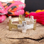 Hammered Sideways Cross Bracelet in Worn Silver Gold Tone Boho Style: Worn Silver and Gold Tones