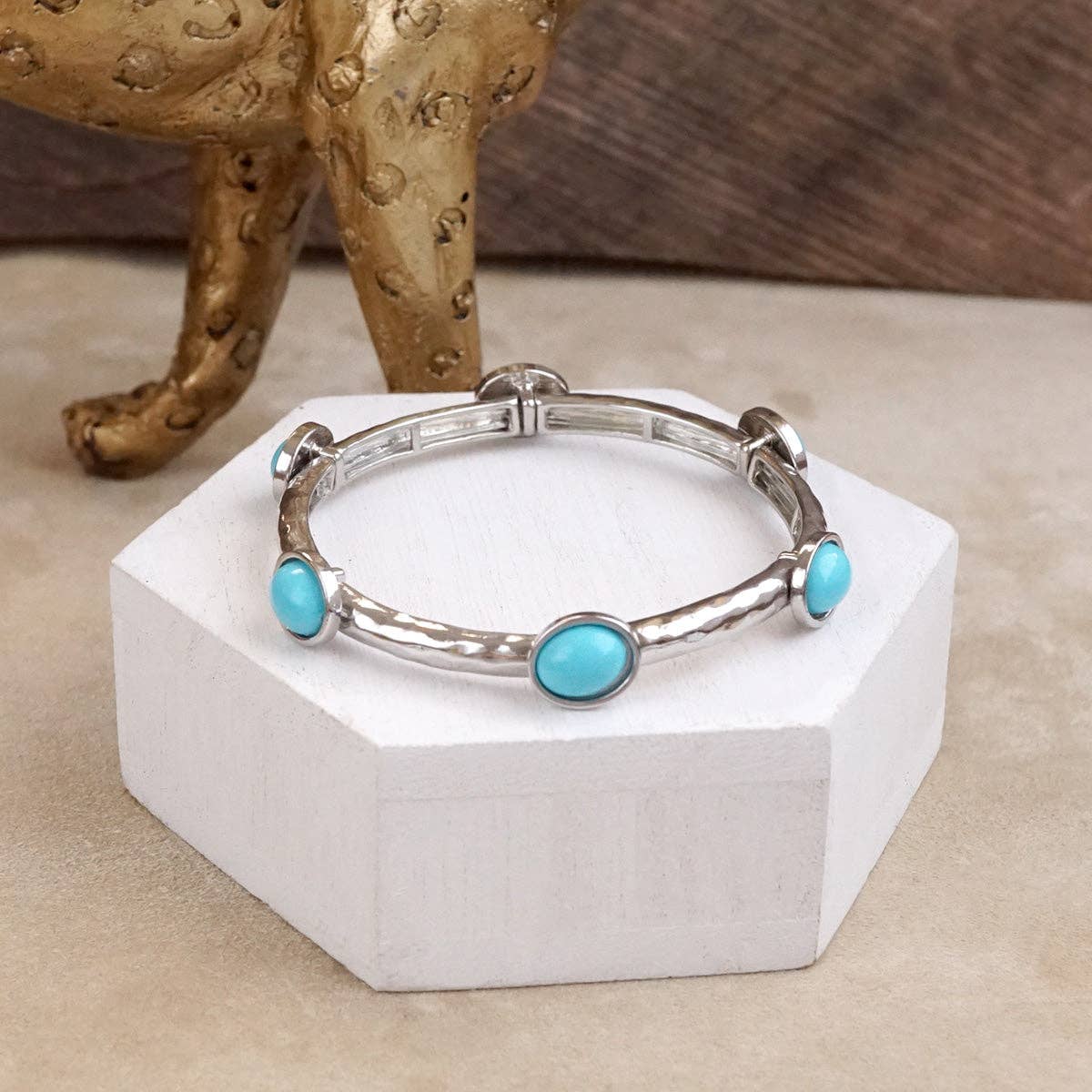 Desert Orbit – Turquoise Station Stretch Bangle: Silver Tone