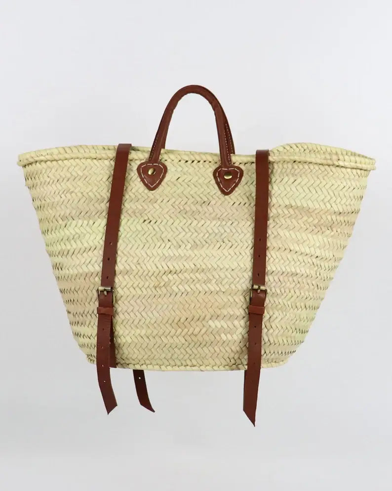 STRAW BAG Handmade leather, French Market Basket Backpack: Natural