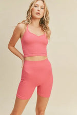Pink Ribbed Seamless Sweetheart Crop Tank Set: Pink / L