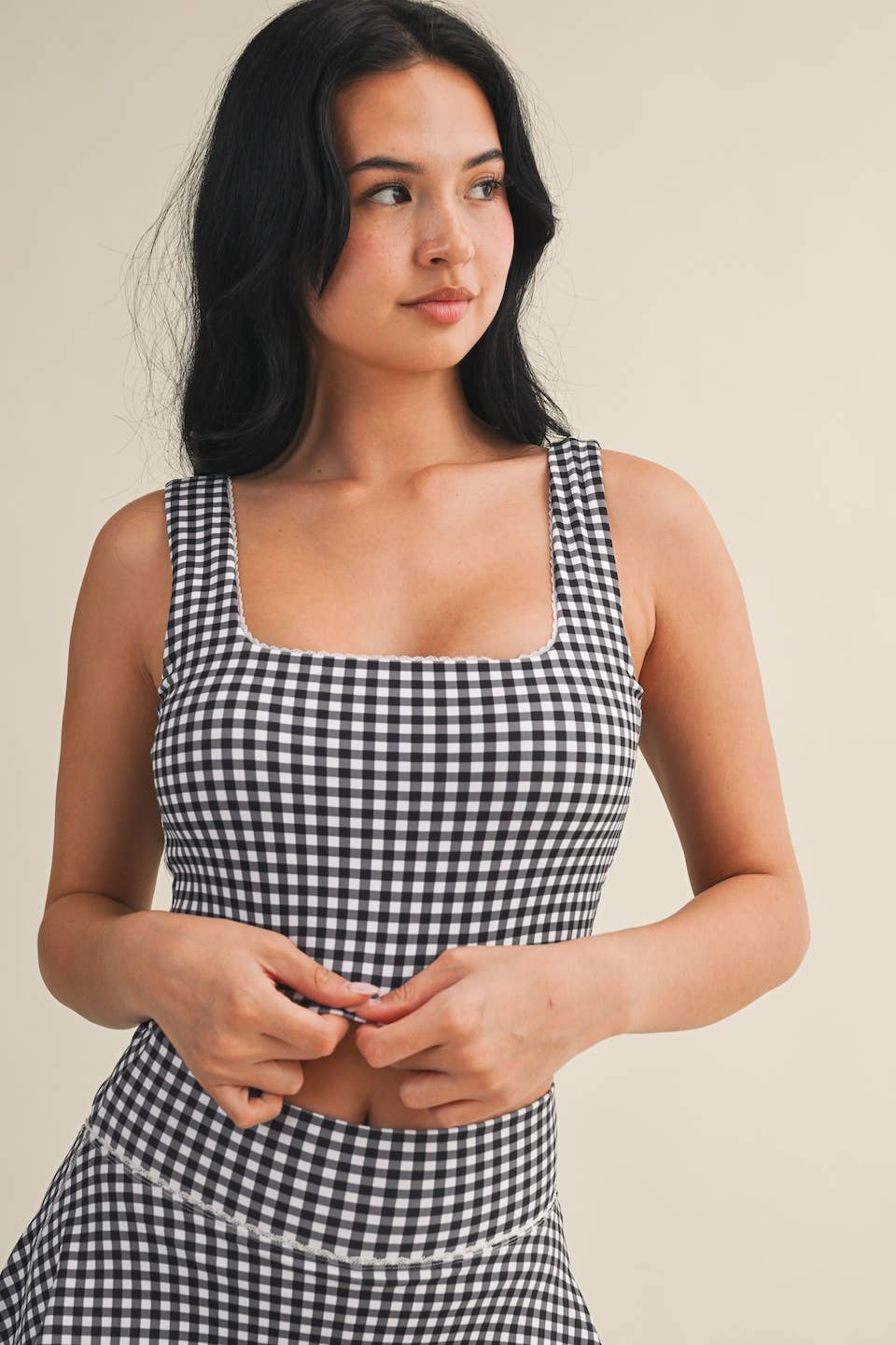 Gingham Print Crop Tank with Lace Trim: Blue Gingham / S