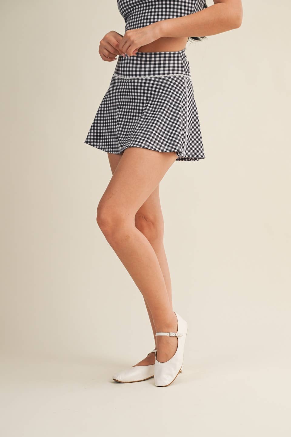 Gingham Print Mini Circle Skort with Bow Back and Lace Trim: Blue Gingham / M