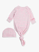 SoftSnooze™ Baby Girls Cotton Modal Pink Gingham Ruffle Knotted Sleep Gown & Bow Hat Set: Pink / Newborn-3m