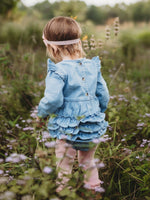 Baby Girls Light Wash Denim Long Sleeve Flutter Bubble Romper: Blue / 12-18m