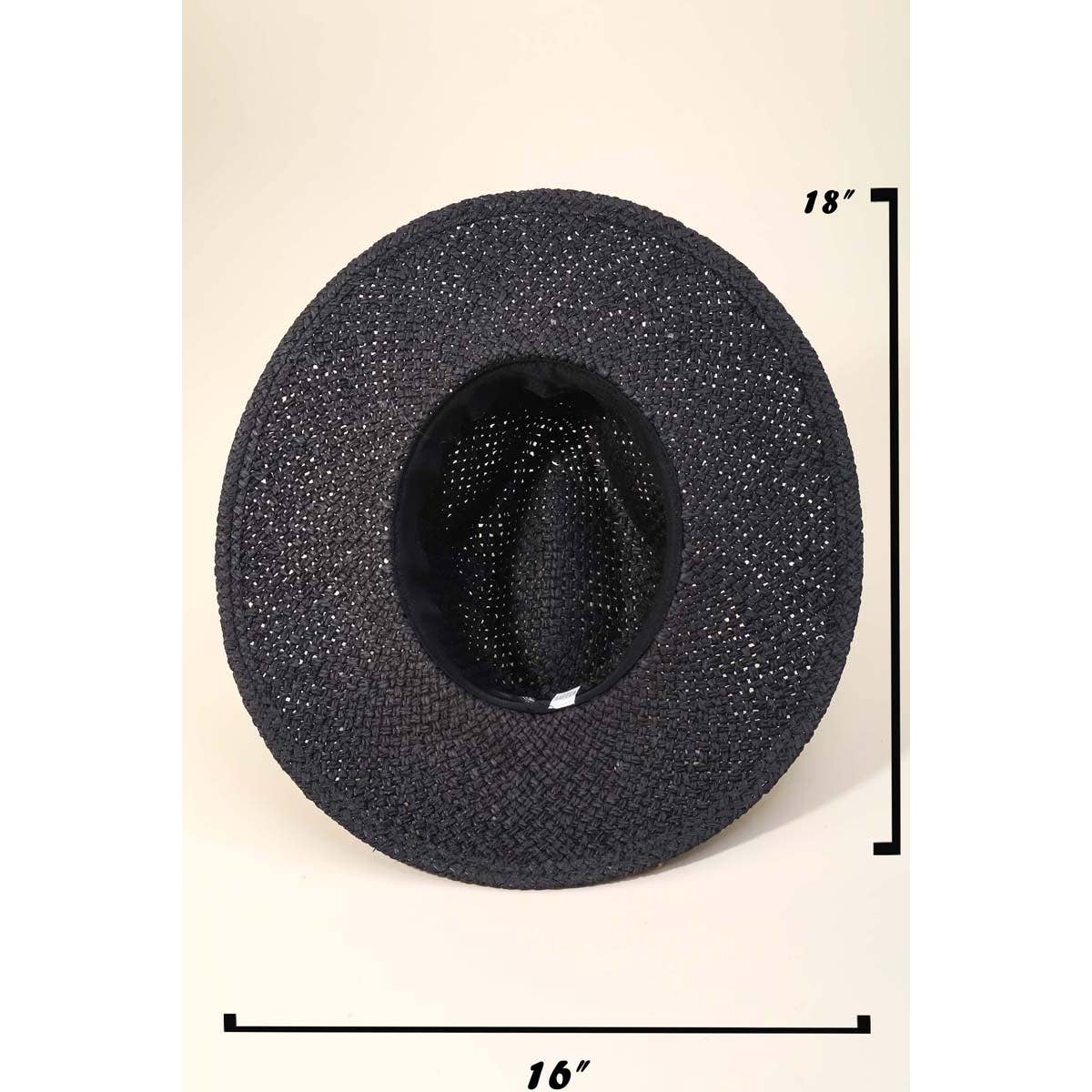 Fan Pattern Strap Straw Fedora Hat in Black