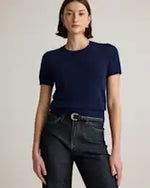 EMERALD COLLECTION "Florida" Mongolian Cashmere Short Sleeve in Navy - Size S