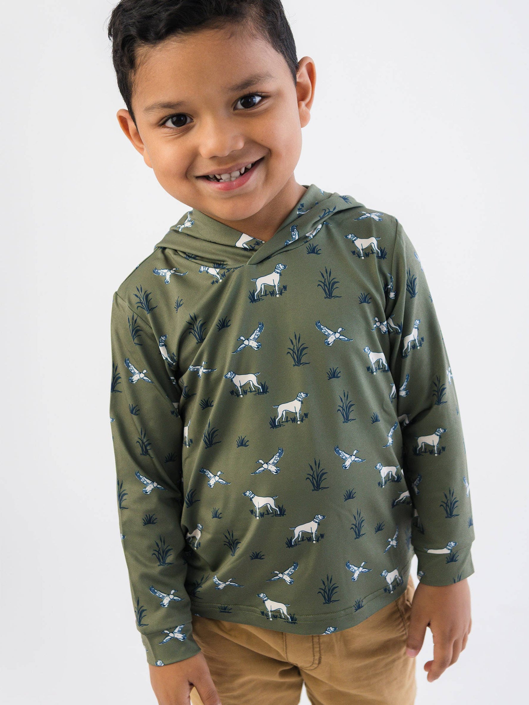 Boys Pond Pups Hunting Dog Performance Hooded Shirt: Green / 2T