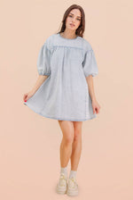 Washed Denim Casual Mini Dress: LT INDIGO