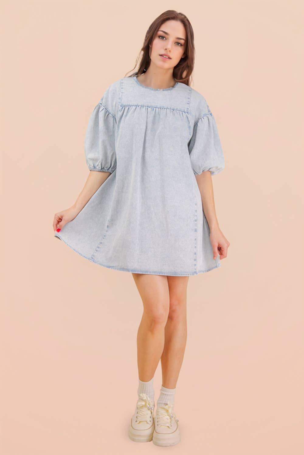 Washed Denim Casual Mini Dress: LT INDIGO