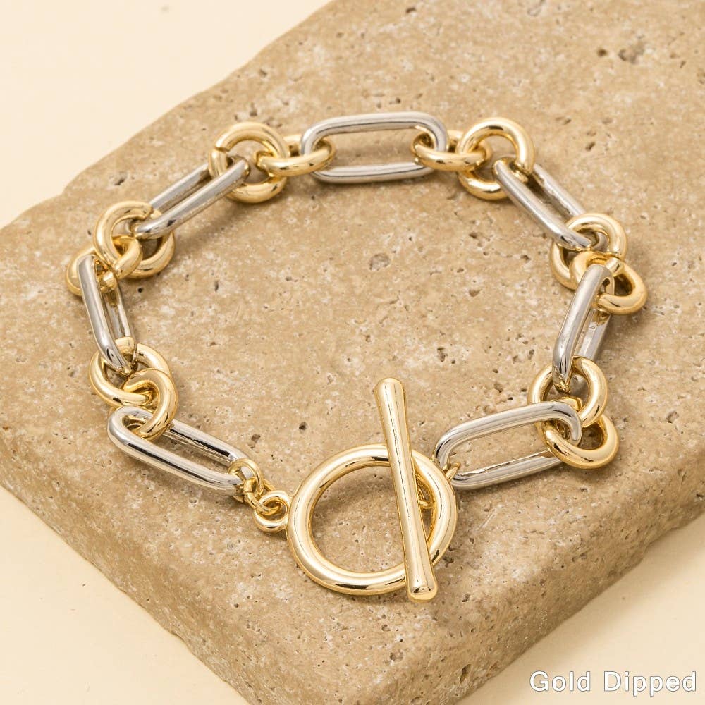 Gold Dipped Two Tone Toggle Chain Bracelet: TWO TONE