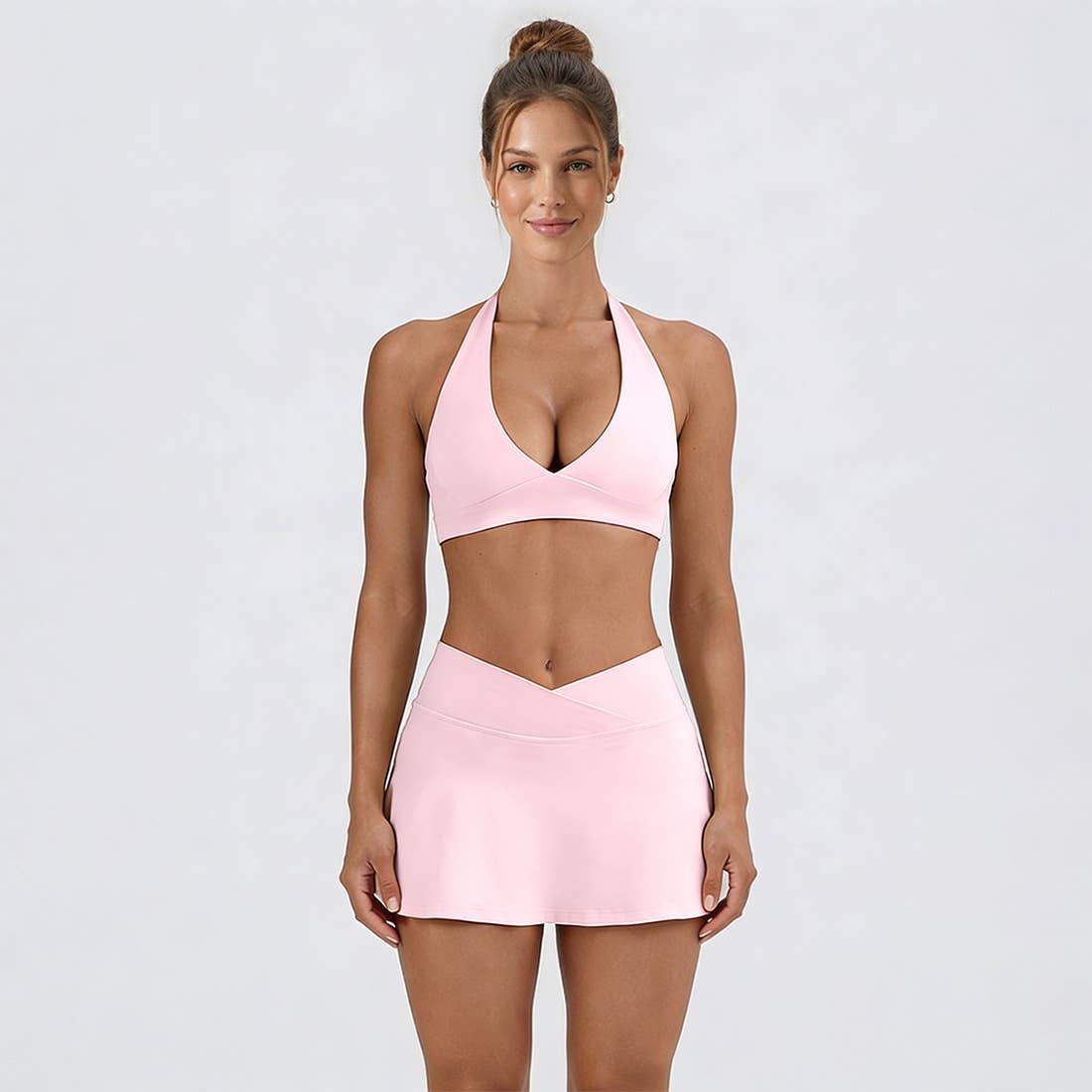 Women's Tennis Set:Halterneck Tank Top And Cross-Waist Skirt: Pink / S