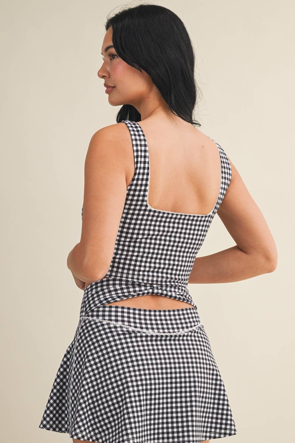 Gingham Print Crop Tank with Lace Trim: Blue Gingham / L