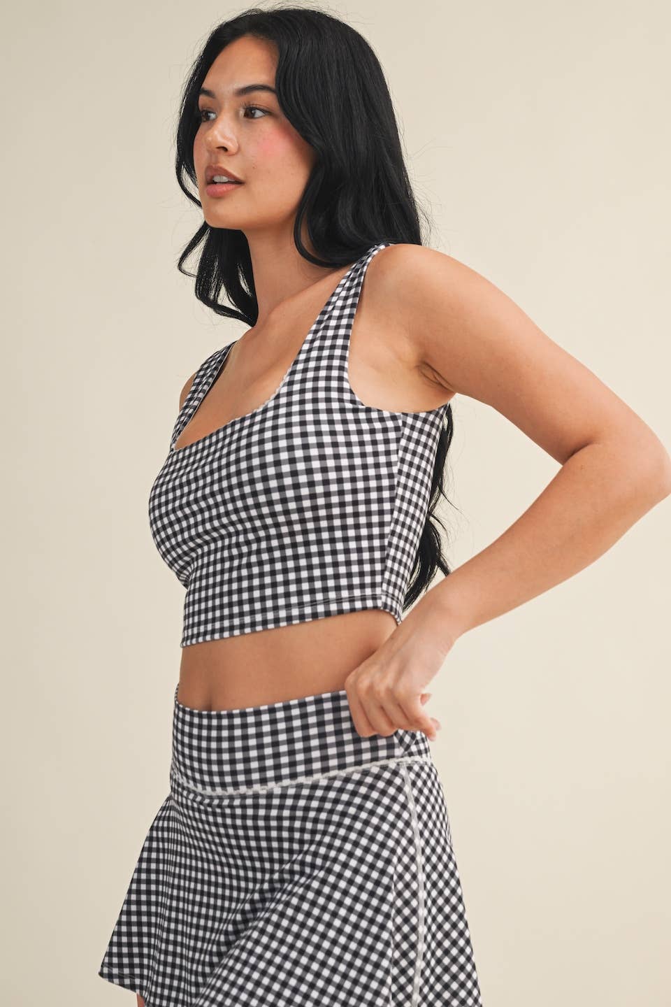 Gingham Print Crop Tank with Lace Trim: Blue Gingham / L