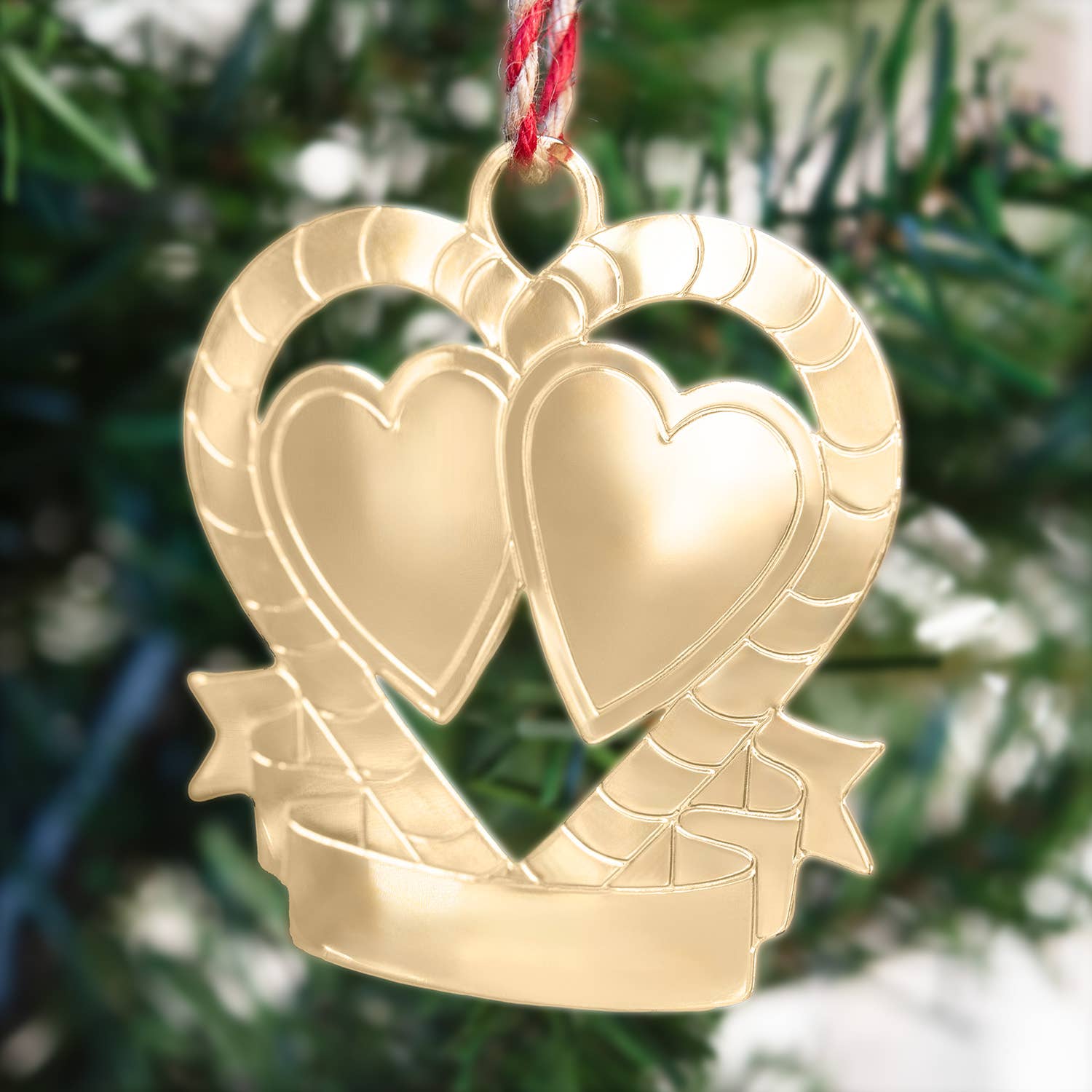 Engraveable Double Hearts Gold Wedding Anniversary Ornament