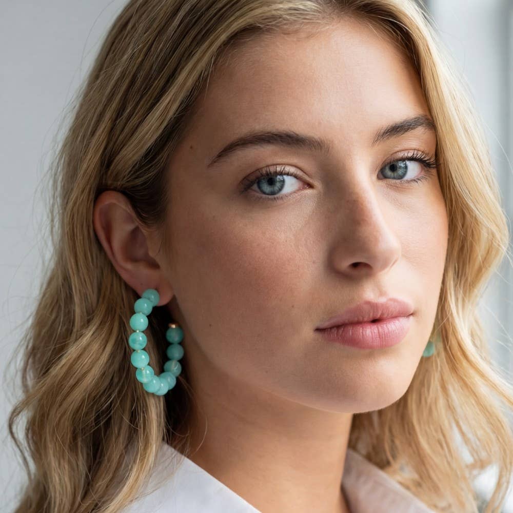 Marble Resin Ball Beaded Hoop Earrings: Mint