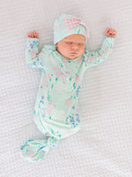 SoftSnooze™ Baby Girls Bamboo Viscose Mint Meadow Ruffle Knotted Sleep Gown & Bow Hat Set: Green / Newborn-3m