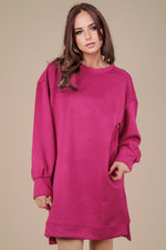 Round Neck Oversized Comfy Long Sleeve Mini Dress: MAGENTA