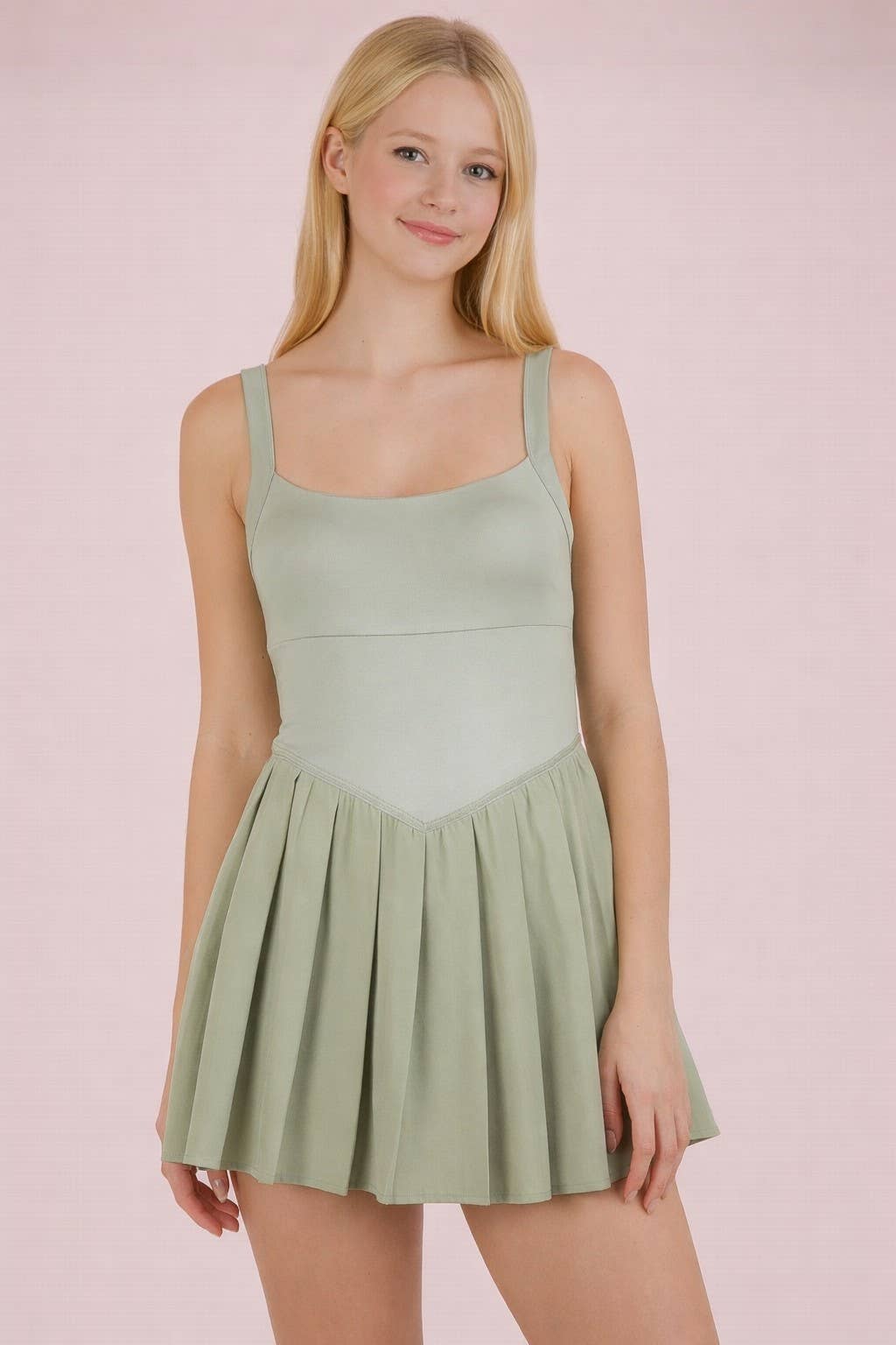 Pleated Skirt Activewear Dress W/ Under Shorts: SAGE