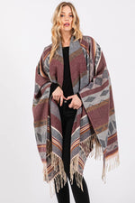 Multi Striped Fringe Ruana: Black & Tan