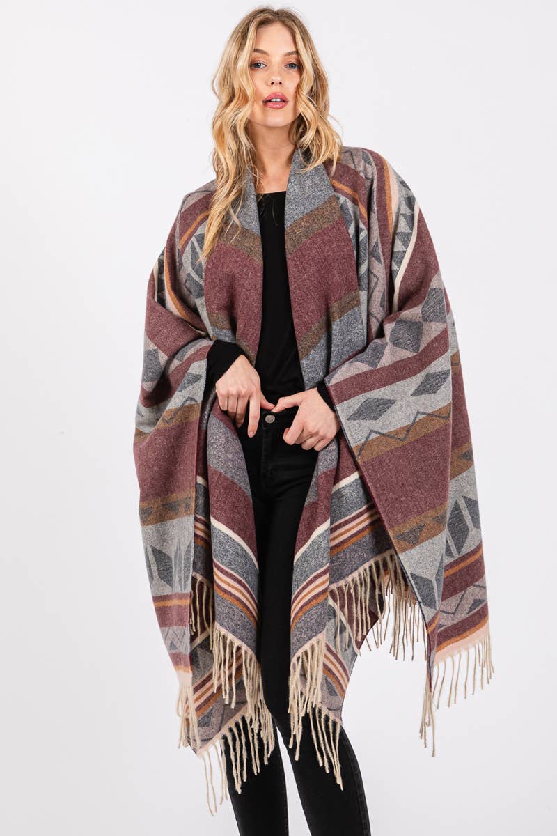 Multi Striped Fringe Ruana: GRAY