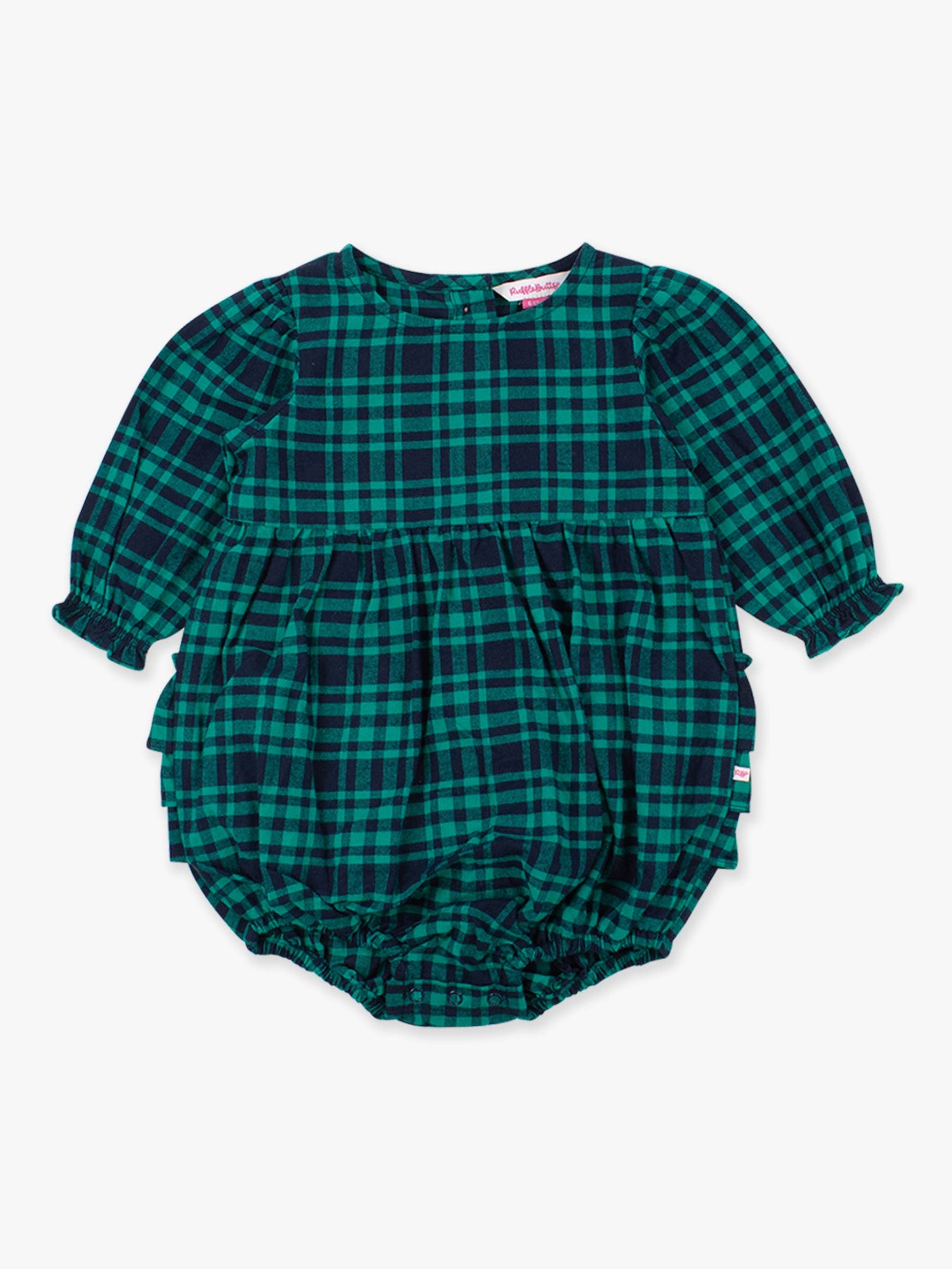 Baby Girls Hayden Plaid Woven Long Sleeve Bubble Romper: Green / 18-24m
