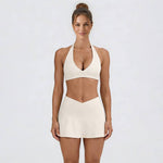 Women's Tennis Set:Halterneck Tank Top And Cross-Waist Skirt: Coffee / L