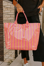 Glossy Striped Large Tote Bag: Orange Pink Stripe
