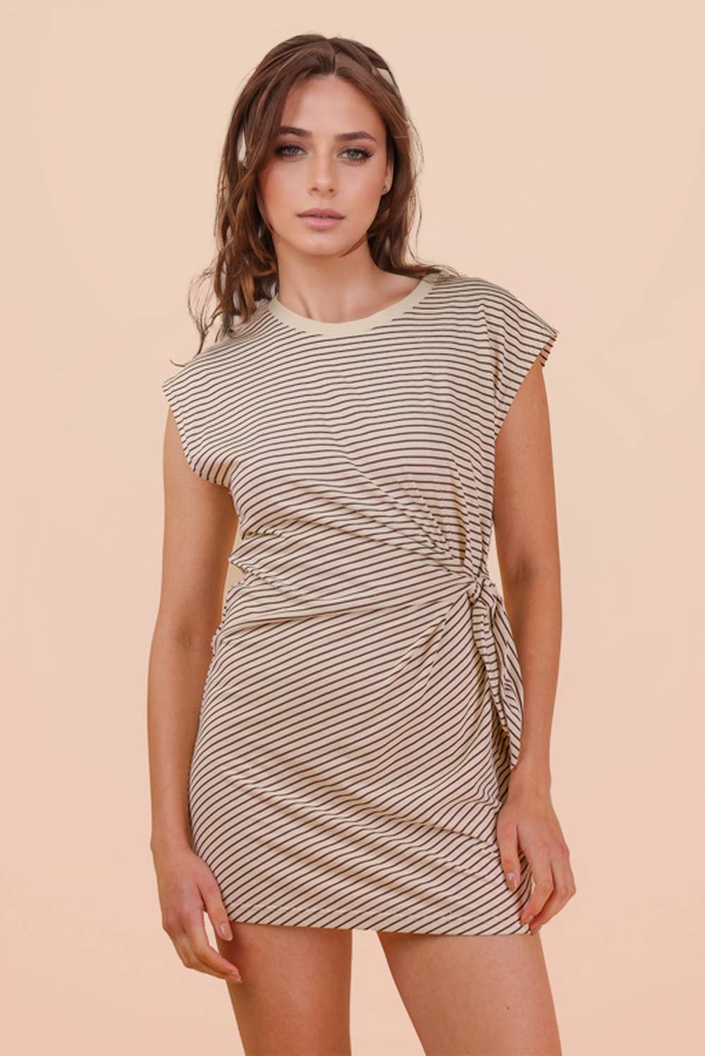 Stripe Knit Sleeveless Mini Dress W/ Tie Detail: CHOCO/CREAM