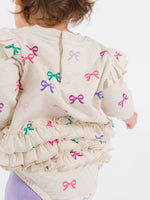Baby Girls Heather Oatmeal Ribbons Sweatshirt Bubble Romper: Off-White / 6-12m