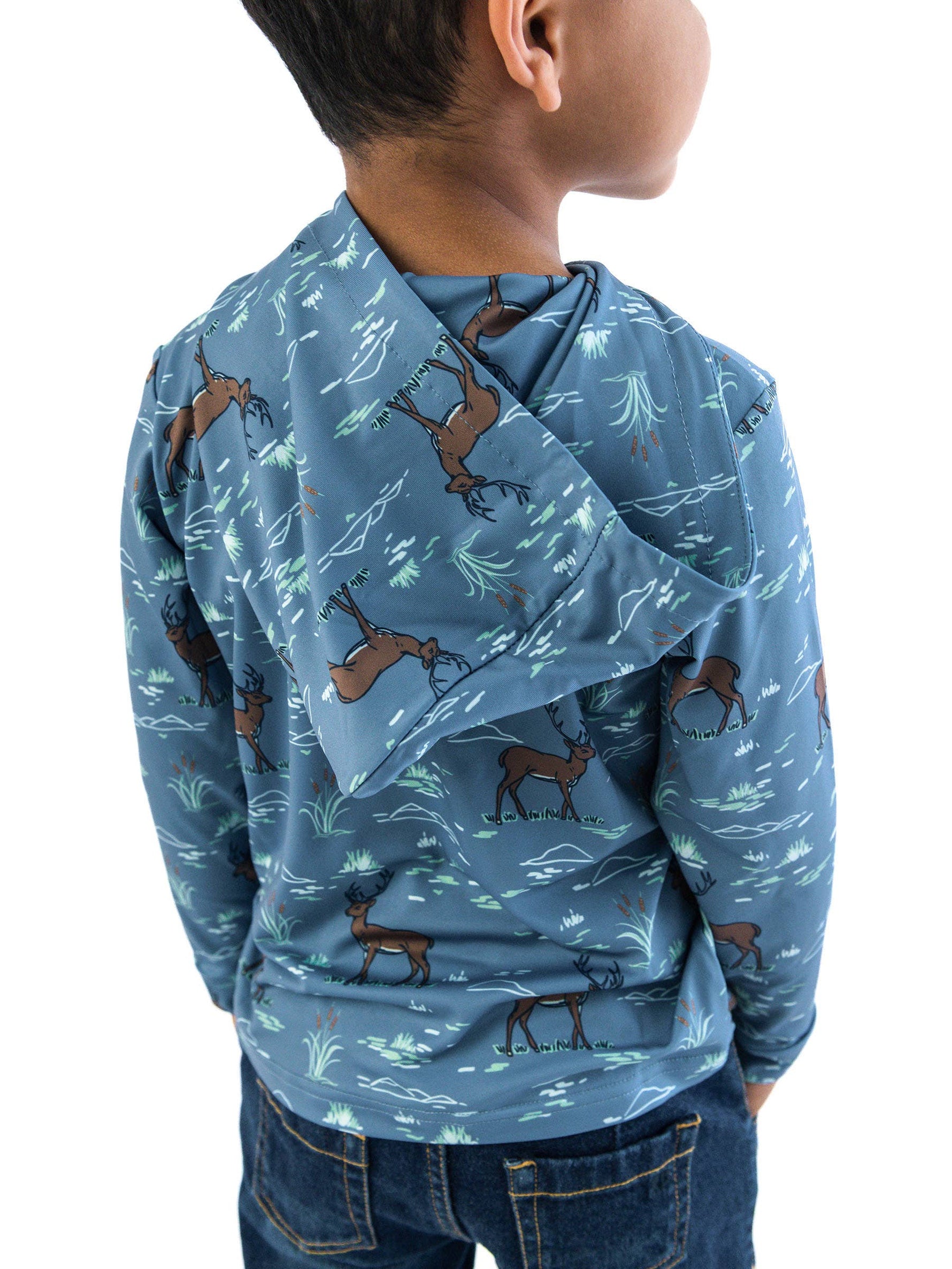 Boys Deer Antler Adventure Performance Hooded Shirt: Blue / 3T