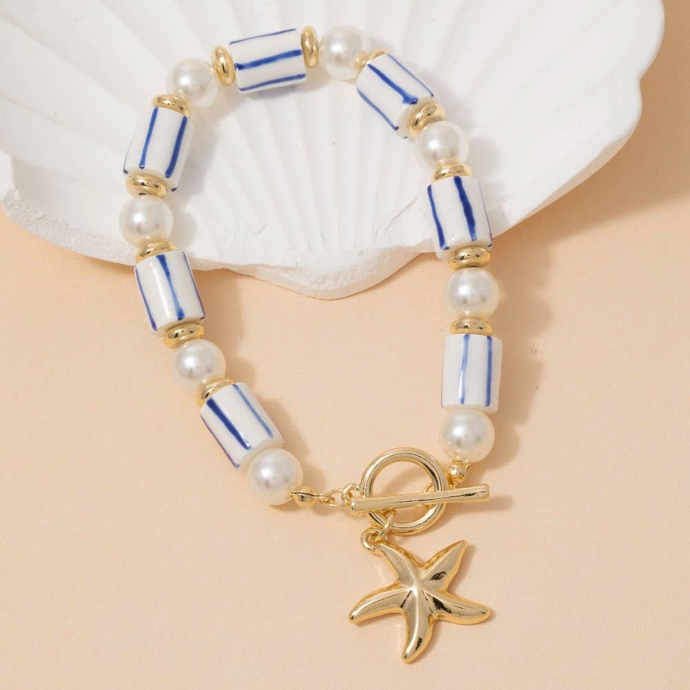 Pearl And Ceramic Beads Starfish Toggle Chain Bracelet