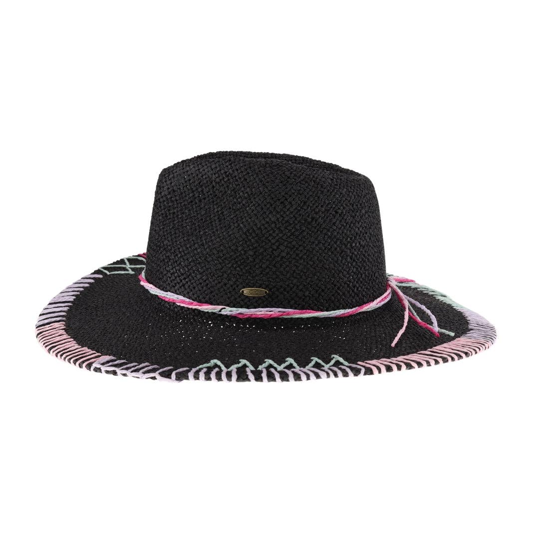 CC Multi-colored Decorative Stitch Panama Hat: Black